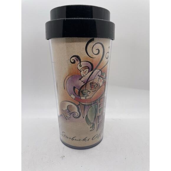 VINTAGE Starbucks Coffee Tumbler Mug With Lid - Couple in Cafe With Dog Classic - Picture 1 of 6